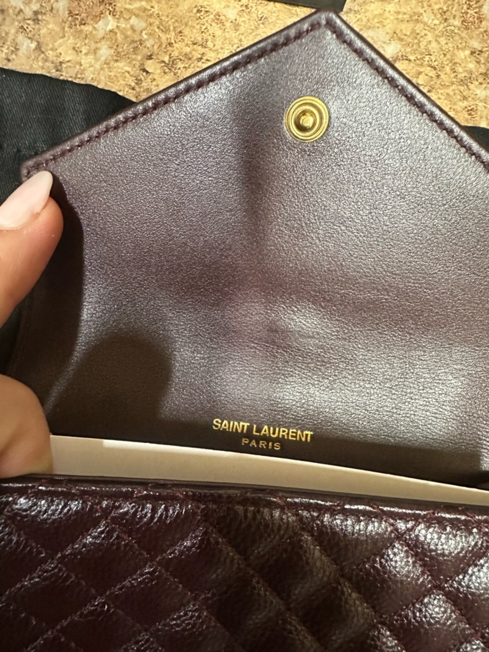 Saint Laurent Quilted Chevron & Diamond Wallet in Burgundy with Gold YSL - Picture 7 of 16
